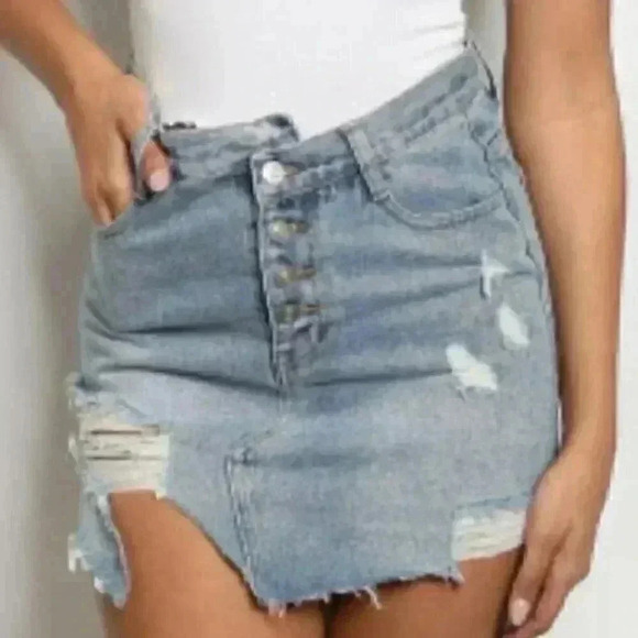 Distressed Denim Button Front Mini Skirt - Picture 1 of 3